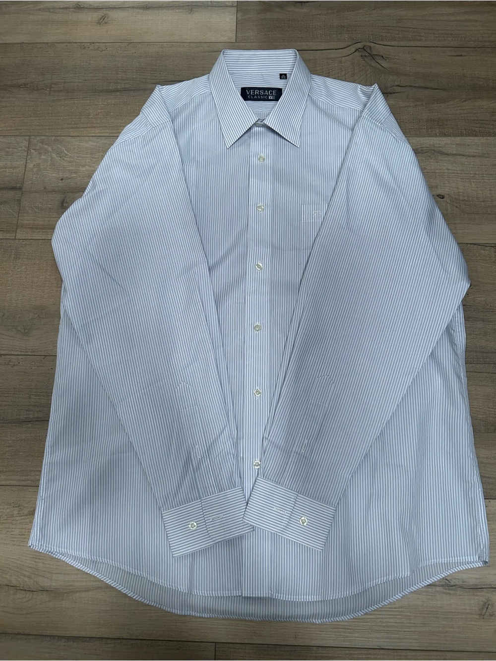 Versace Collection Men's Blue & White Thin-Striped Dress Shirt